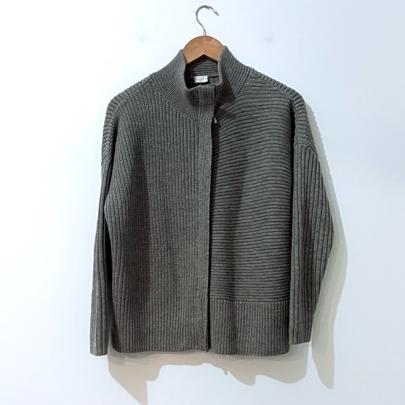 Poetry Taupe Ribbed Knit High Neck Full Zip Sweater Chunky Wool, Cotton Sz 6 - Picture 2 of 7